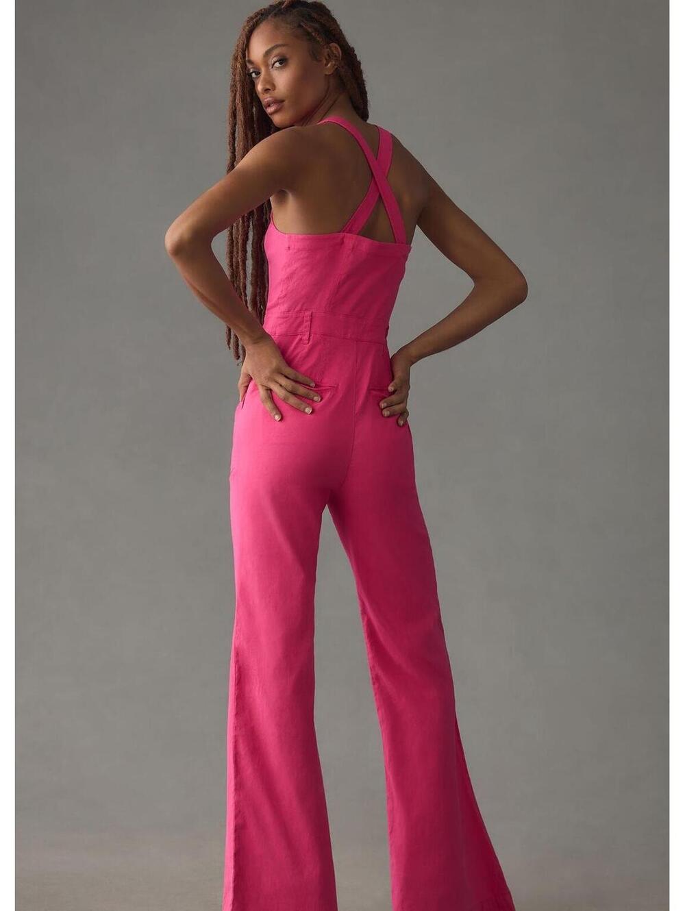 Anthropologie Maeve NWT Pink Zip Front Wide Leg Jumpsuit Sleeveless Retro Siz 10 - Picture 3 of 9